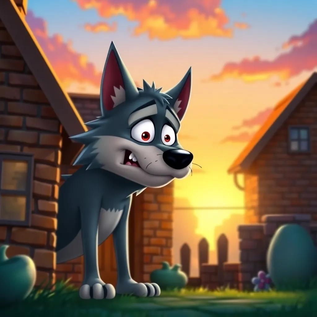 The wolf looking frustrated outside the brick house with a sunset in the background, colorful sky, whimsical and playful illustration, vibrant, engaging, and comical, high quality