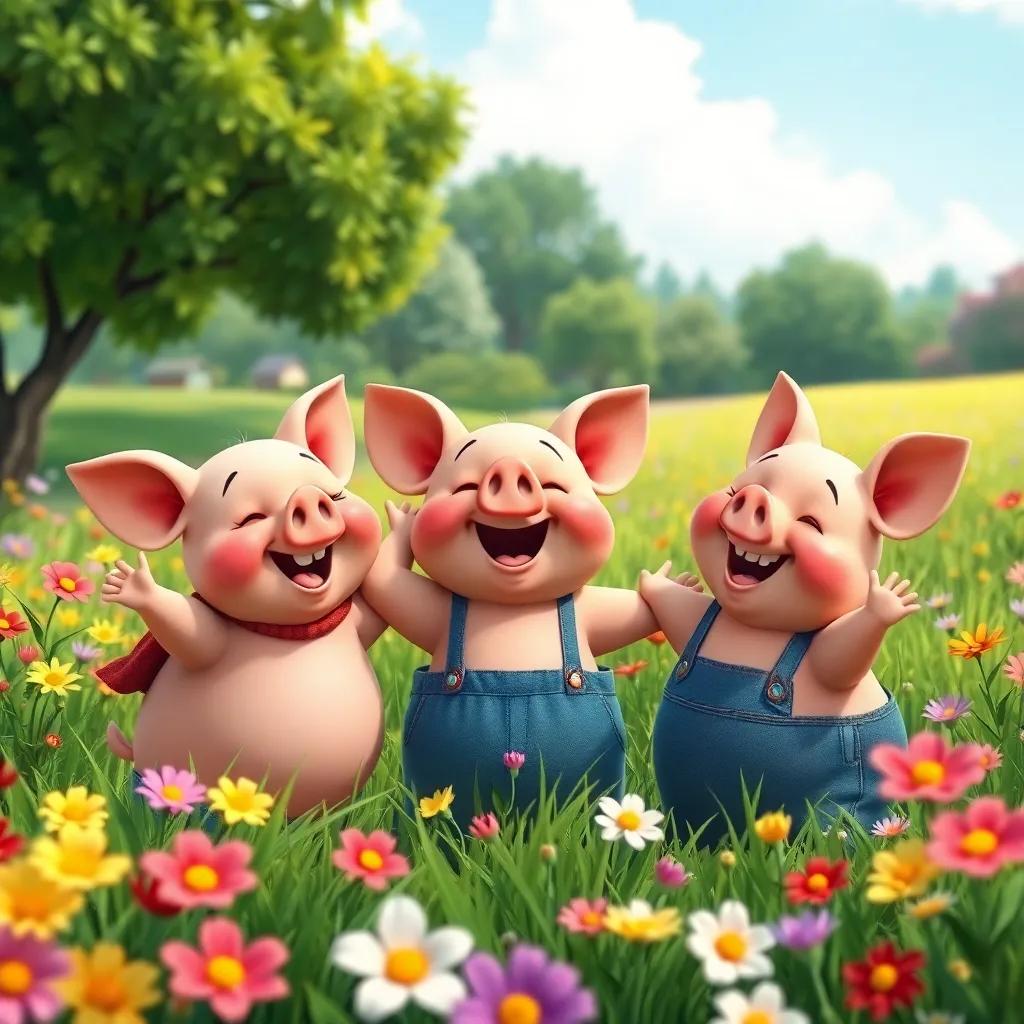 The three little pigs celebrating together in the meadow, joyful and full of happiness, surrounded by flowers and trees, colorful scene, cheerful atmosphere, vibrant colors, high quality