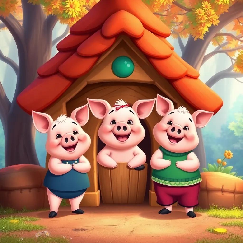Three little pigs standing outside their cozy little house, smiling and happy, digital art, cheerful colors, magical forest background, friendly atmosphere