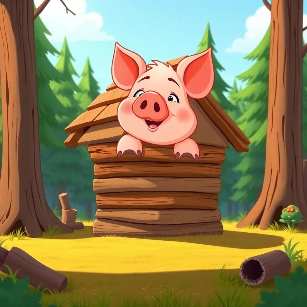 A clever little pig stacking sticks to build a house, surrounded by trees, cartoon style, colorful and whimsical, sunny weather, cheerful