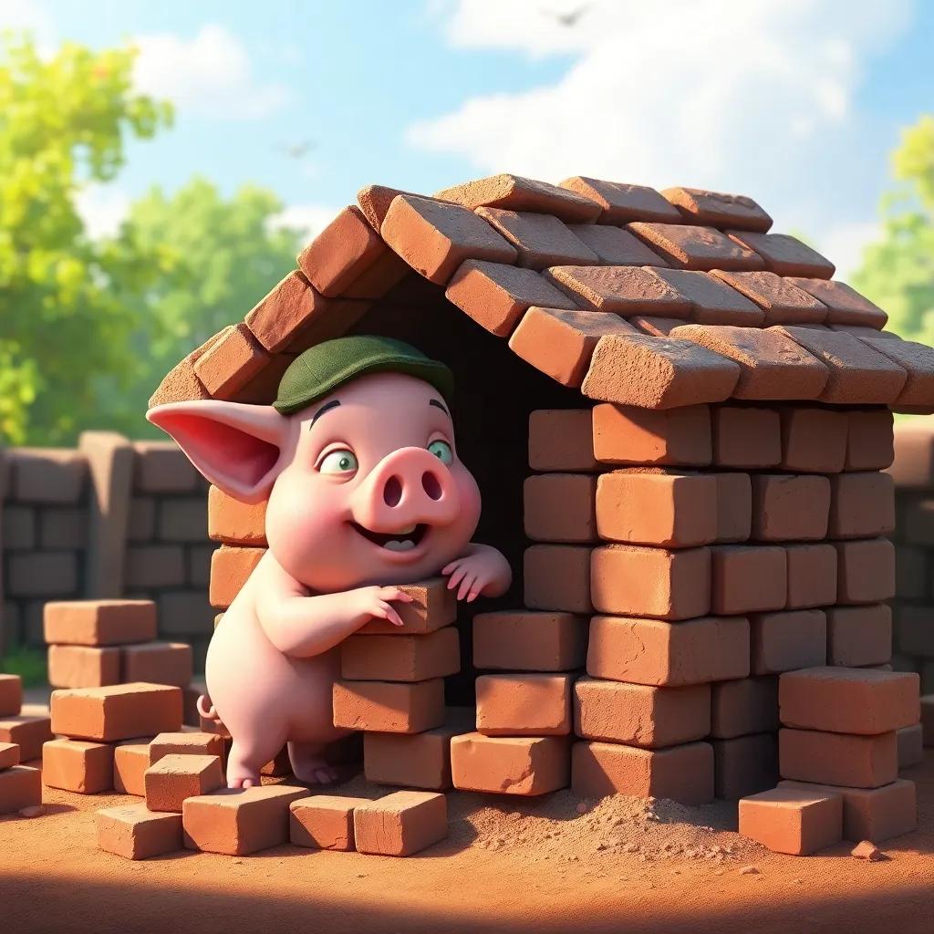 A wise pig building a sturdy house of bricks, working diligently, with bricks and mortar around, daytime, digital art, vibrant colors, hardworking atmosphere