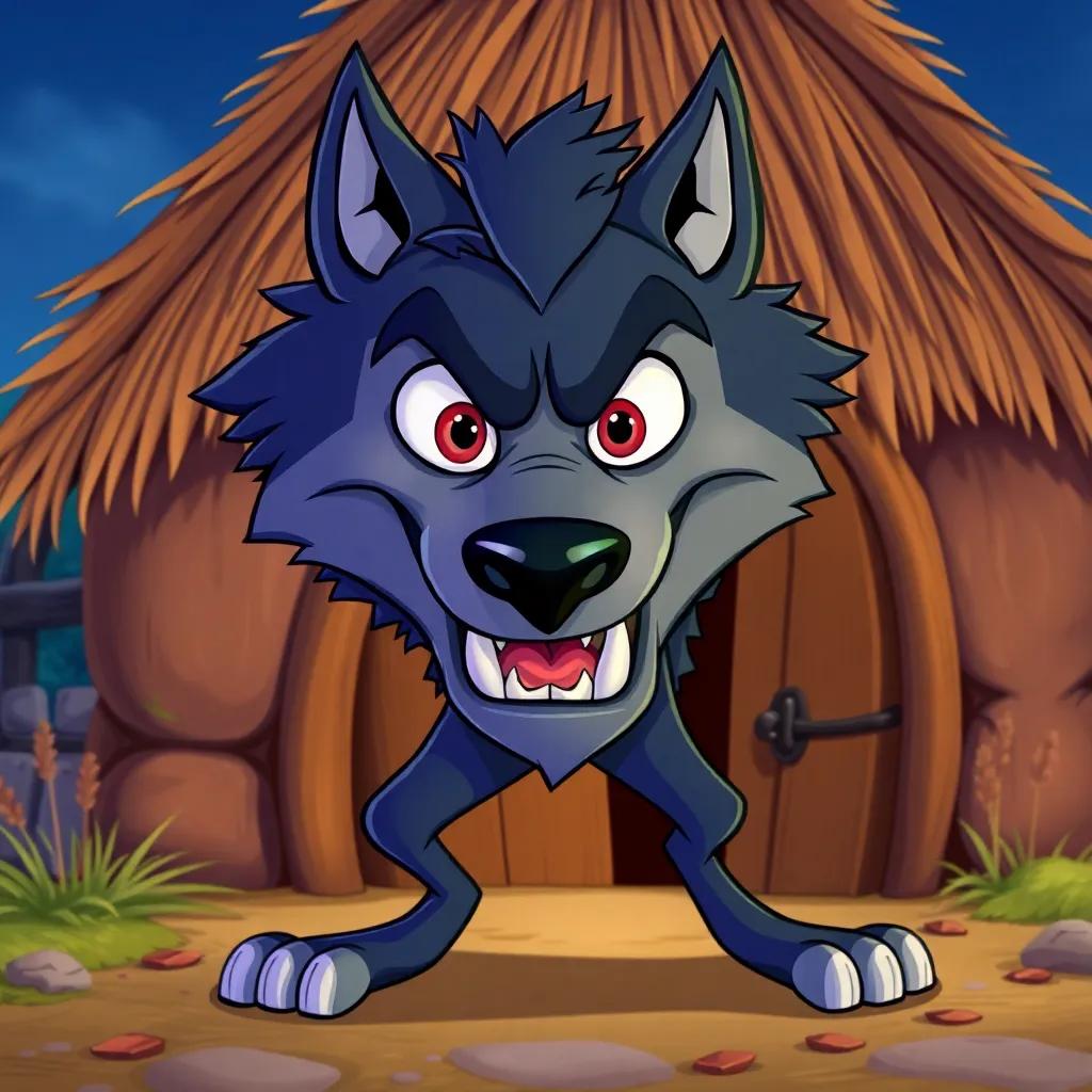 A big, bad wolf looking hungry and fierce in front of a straw house, cartoon style, bright colors, playful yet scary, fairy tale setting