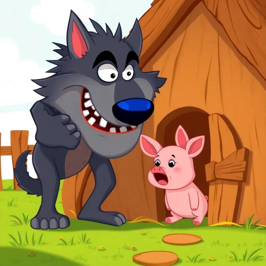 The wolf huffing and puffing in front of the straw house, little pig inside looking scared, colorful and fun, exaggerated features, cartoon style