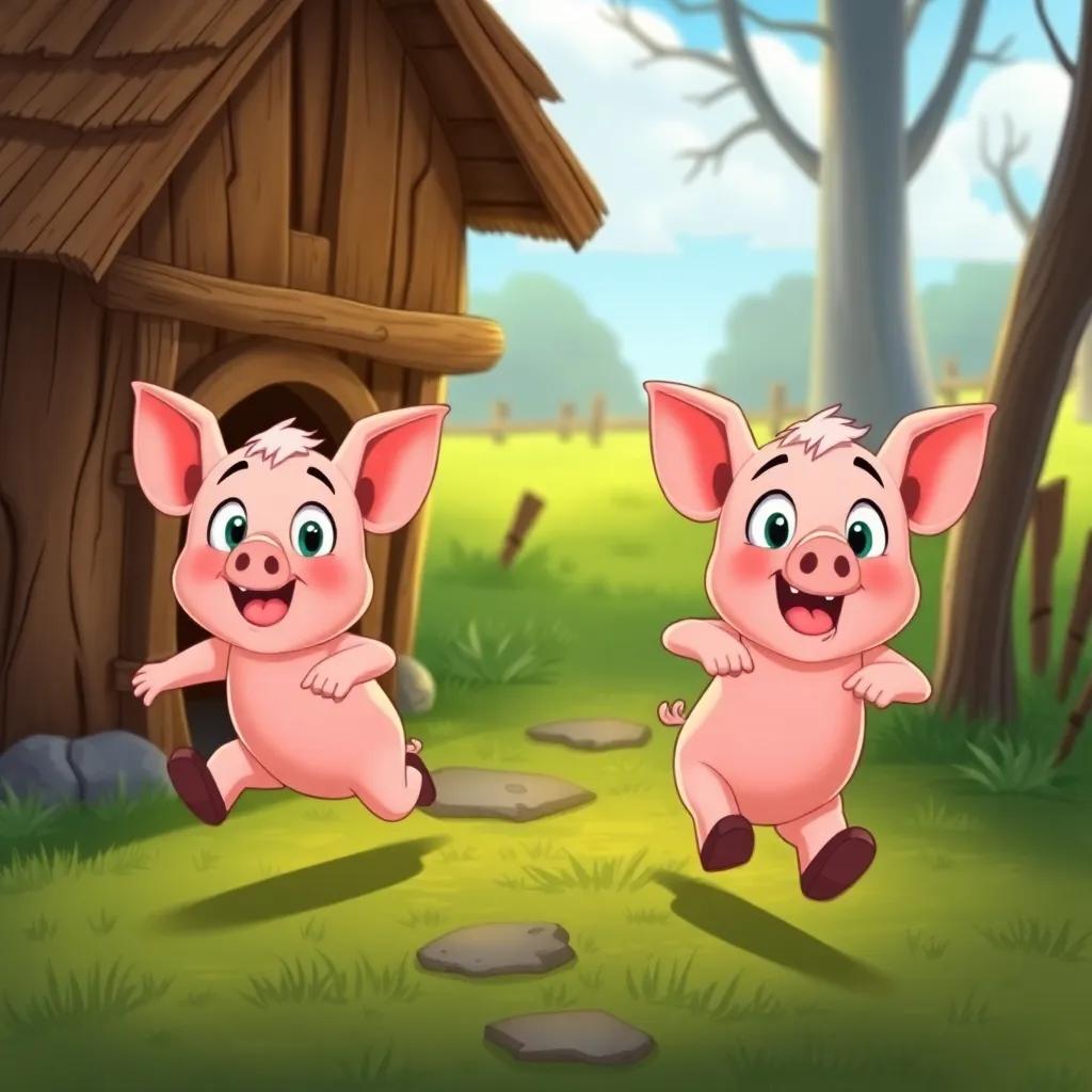 Two little pigs running to their brother's stick house, looking scared and fast, cartoon style, action scene, playful colors, fun