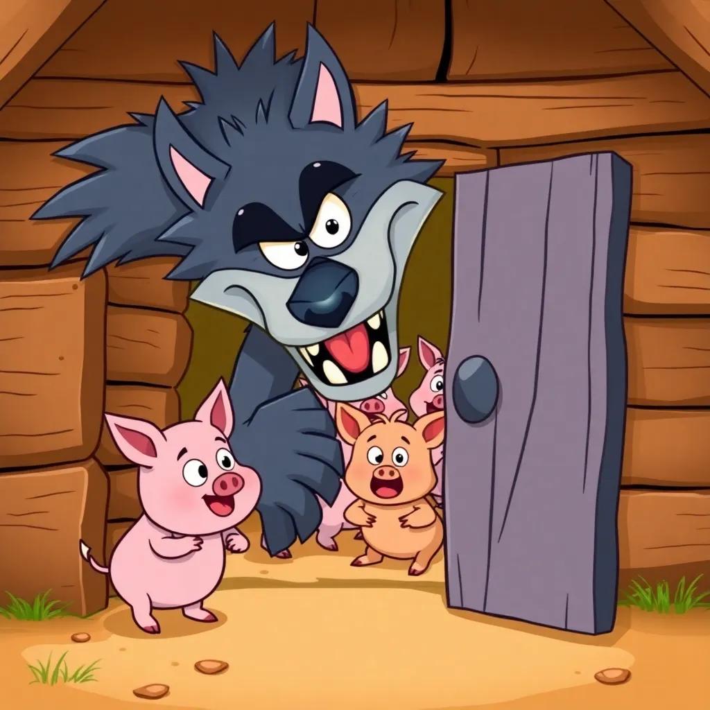 The wolf banging on the stick house door, pigs inside trembling, cartoon style, bright and engaging colors, humorous view