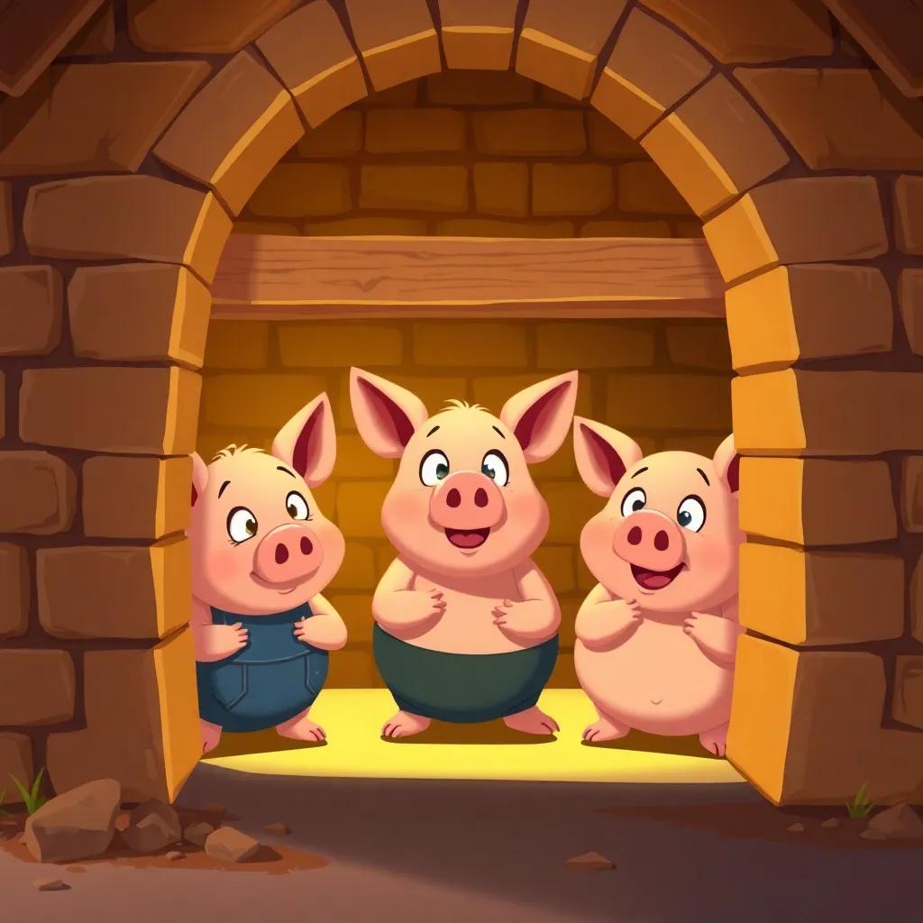 The three pigs inside the sturdy brick house, looking scared but safe, cartoon style, colorful and cozy, inviting atmosphere