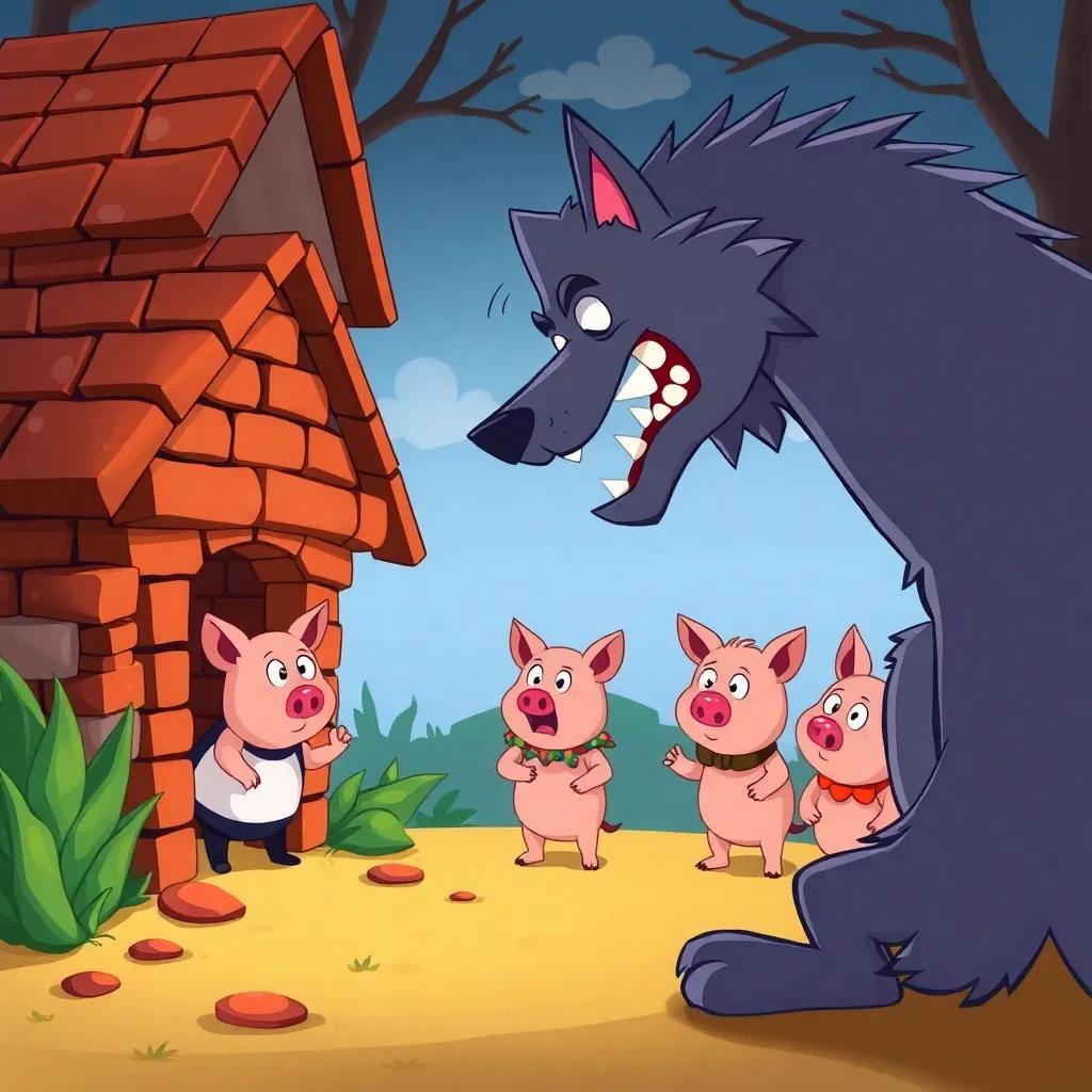 The wolf trying to blow down the brick house, looking frustrated, while the pigs stand inside confidently, cartoon style, bright and whimsical, fun