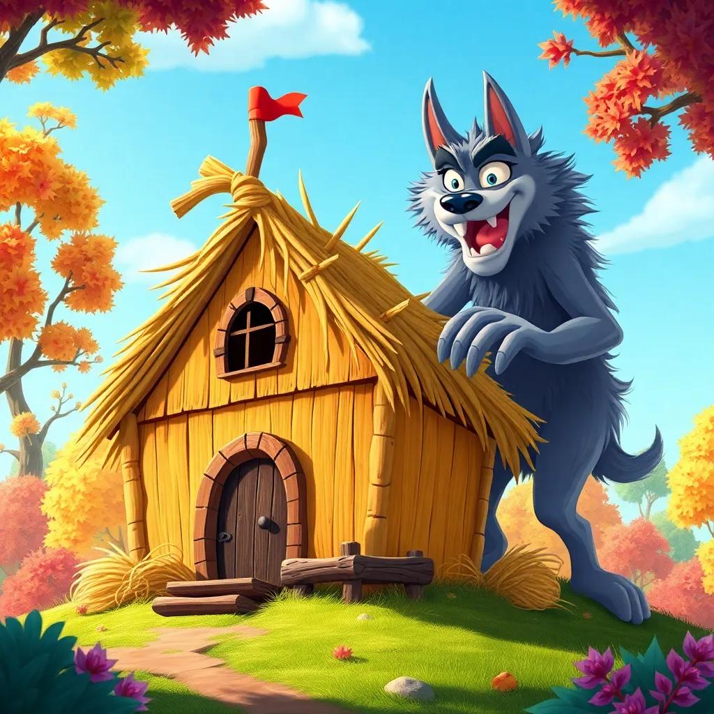 Pippin's straw house blowing away, a big hungry wolf huffing and puffing, colorful trees around, cartoonish style, dynamic action, expressive characters, vivid details, child-friendly