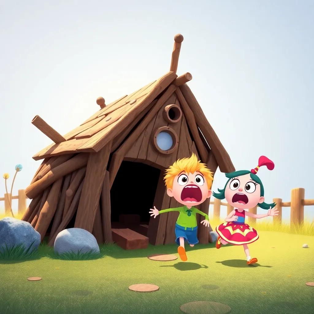 Poppy's stick house collapsing, Pippin and Poppy running away, frightened expressions on their faces, cartoon style, whimsical, bright colors, playful composition, high quality