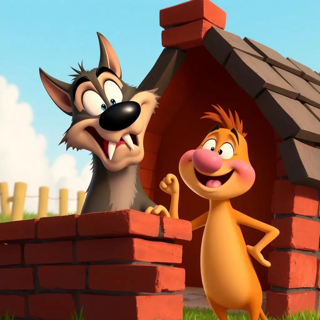 The wolf trying to blow down the brick house, frustrated expression, Wilbur smiling confidently, fun and engaging scene, bold colors, lively style, child-friendly imagery