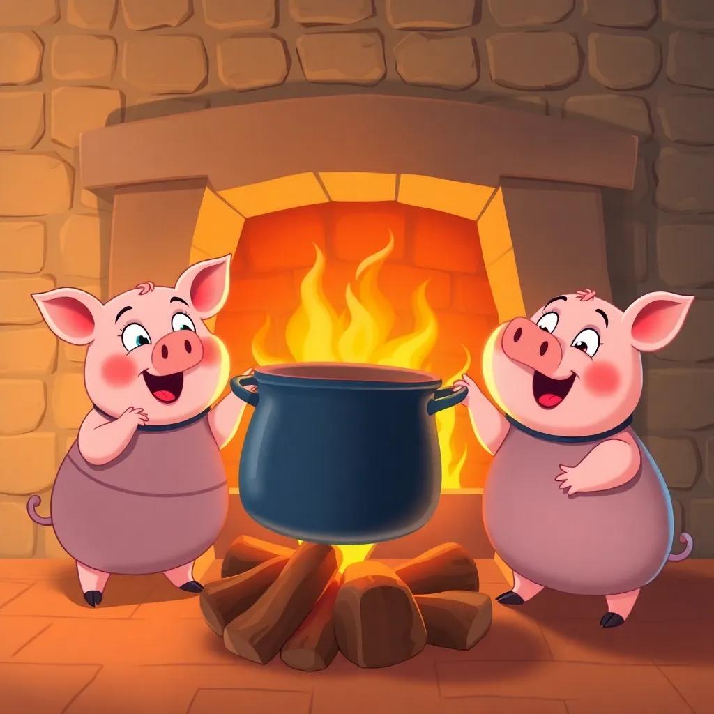 The clever plan of the pigs, lighting a fire in the fireplace, a big pot over the flames, excited expressions on their faces, warm light, family-friendly illustration, charming style, vivid colors