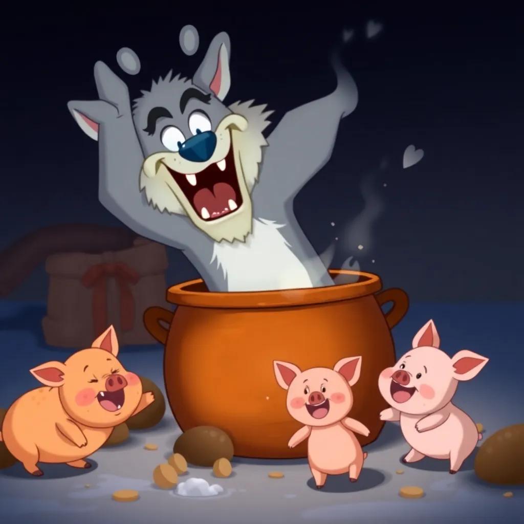 The wolf falling into the chilly pot, surprised expression, the three little pigs laughing nearby, joyful scene, bright colors, humorous cartoon style, high quality