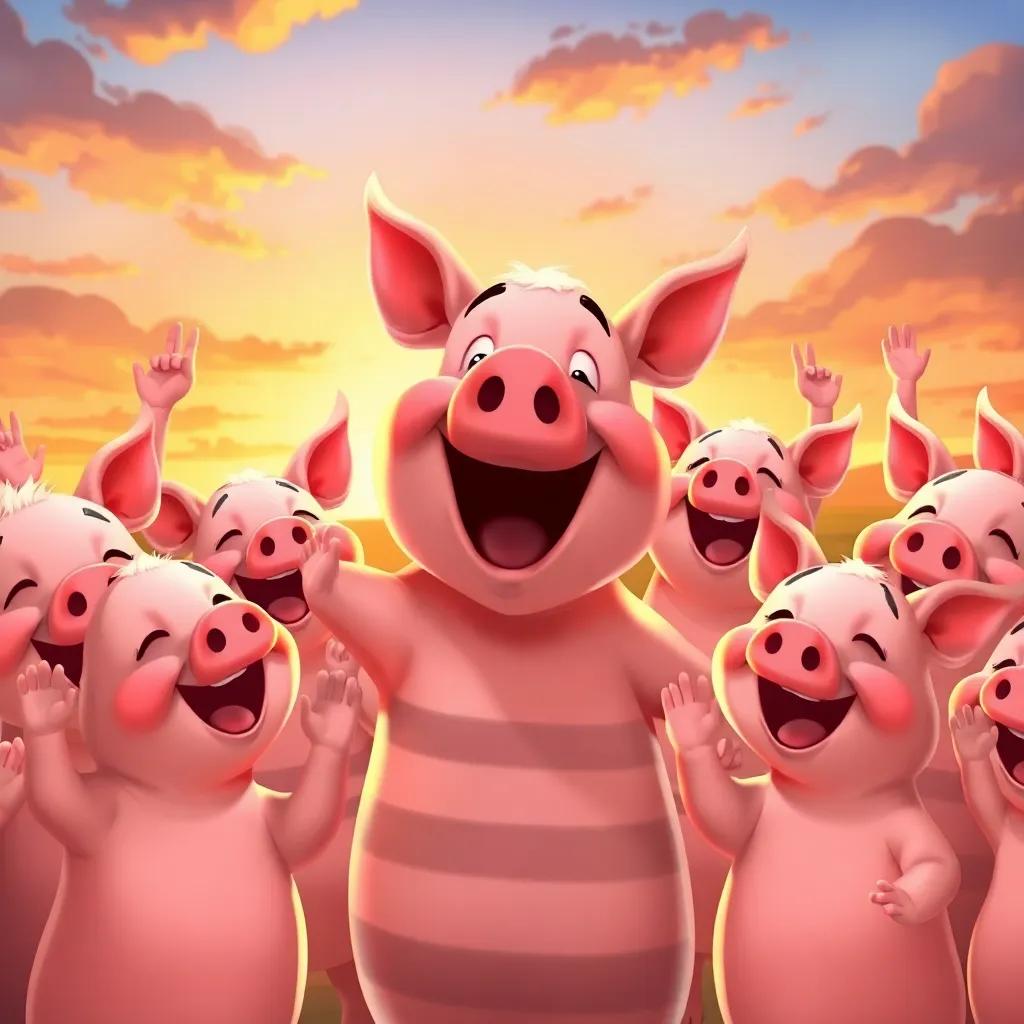 Pigs cheering and celebrating together, sunset in the background, Wilbur with a proud smile, happy expressions all around, feel-good atmosphere, colorful, inviting illustration, high quality