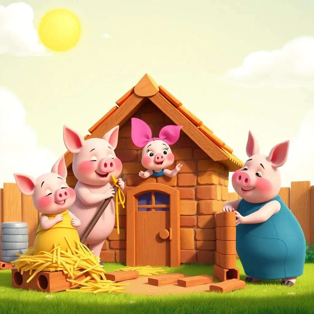 The three pigs building houses together, Pippin works on straw, Poppy on sticks, and Wilbur on bricks, teamwork spirit, sunny sky, cheerful, vibrant colors, child-friendly