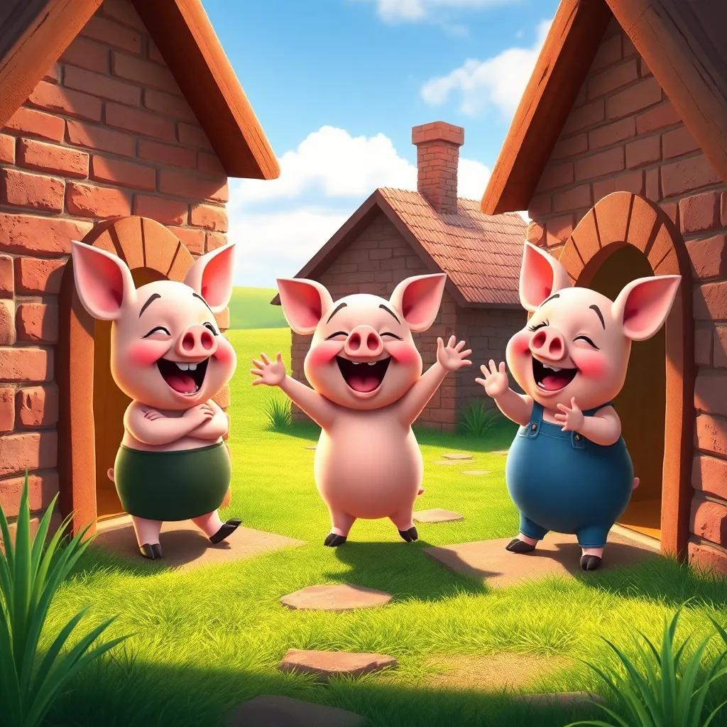 A joyful scene of the three pigs playing in their strong, cozy brick houses, laughter and fun, bright colorful landscape, inviting atmosphere, warm light, high quality