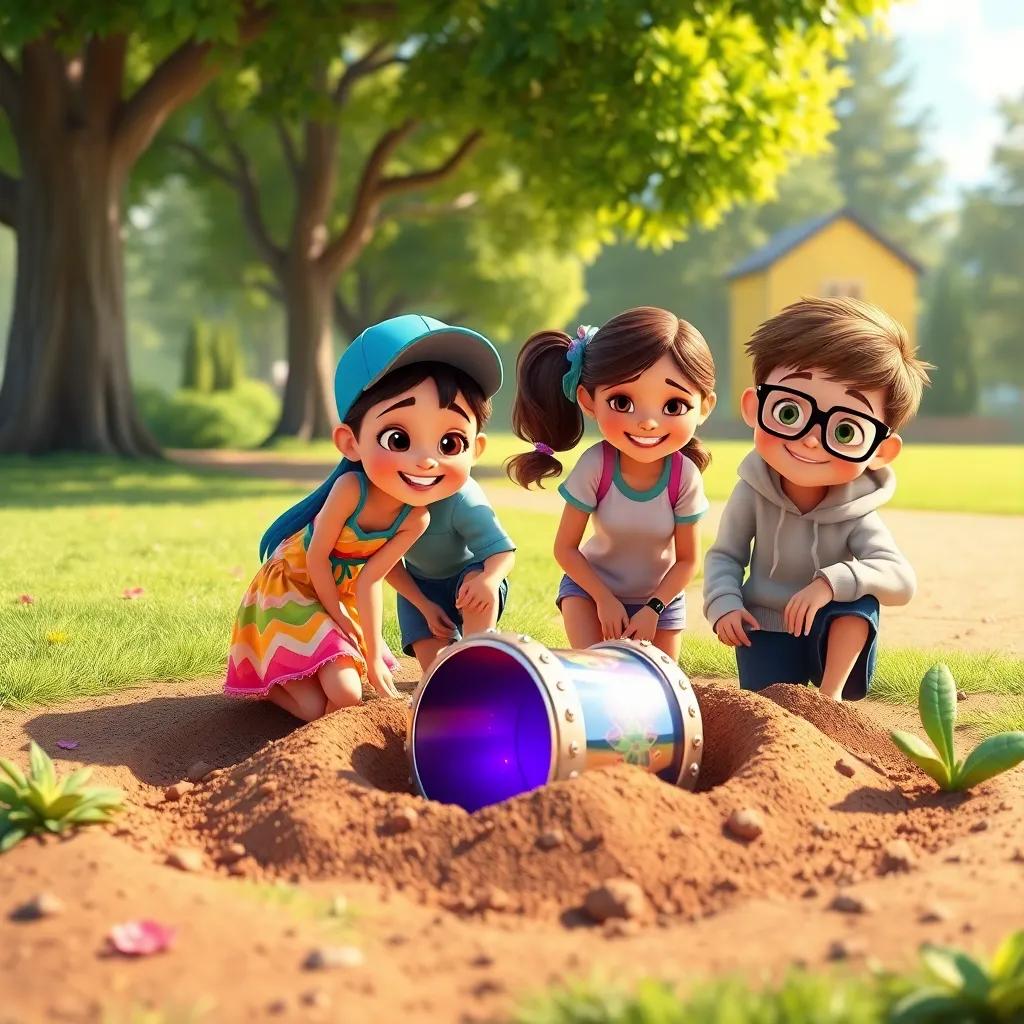 A sunny park with four friends, Mia with curly hair and a bright dress, Leo with a baseball cap and shorts, Ava with pigtails and a t-shirt, and Sam with glasses and a hoodie, digging in soft dirt, finding a shiny time capsule, vibrant colors, cheerful atmosphere, playful scene
