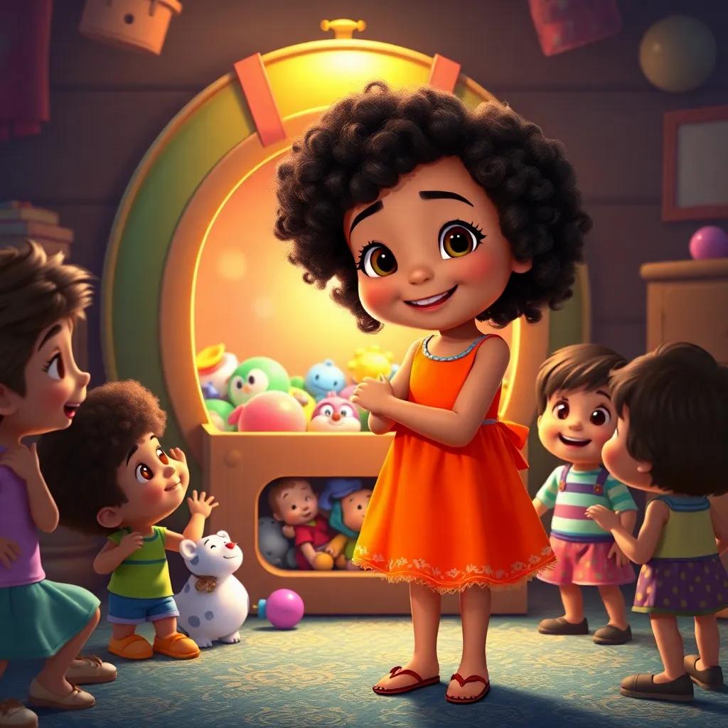 Mia, a young girl with curly hair in a bright dress, opening the shiny time capsule, filled with toys and old clothes, excited friends gathering around her, colorful, engaging, storytelling scene