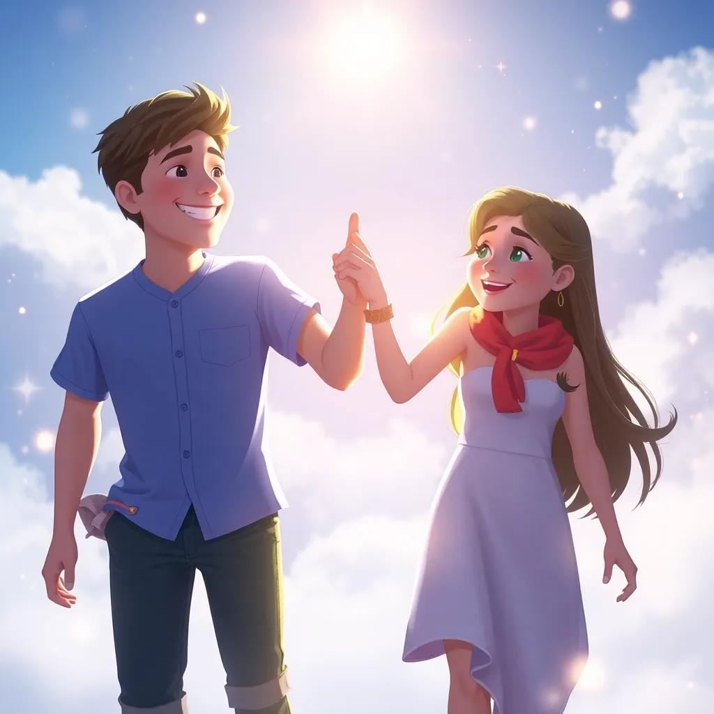 The friends holding hands, sunshine shining bright, surrounded by a glowing light, magical moments as they are transported through time, joyful expressions, enchanting atmosphere