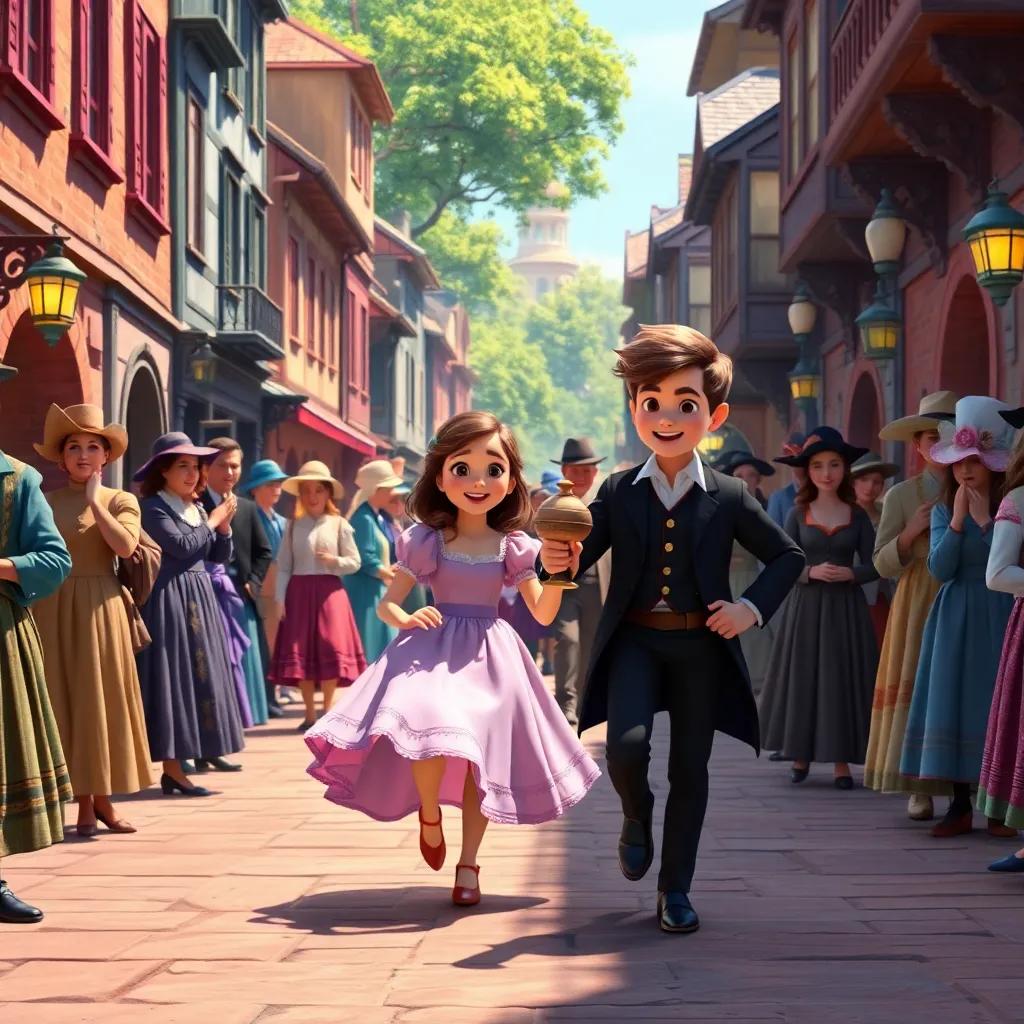 A busy street in the year 1800s with people in old-fashioned clothes, Leo running to buy a spinning top, Ava in a pretty dress dancing, vibrant and lively depiction of the past, colorful, historical setting