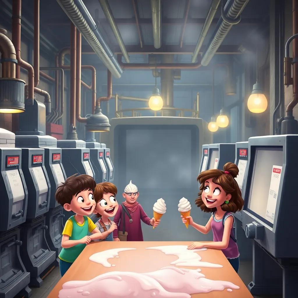 A noisy factory in 1900 with big machines, friends enjoying ice cream learning about its making, fun and engaging atmosphere, cheerful expressions, rich colors