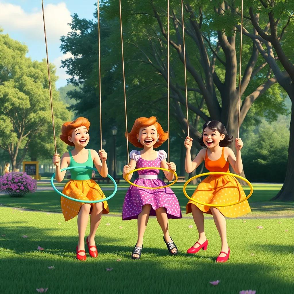 The friends in a park in the 1950s, swinging and playing with hula hoops, bright colors of the era, laughter and joy all around, playful nostalgic scene