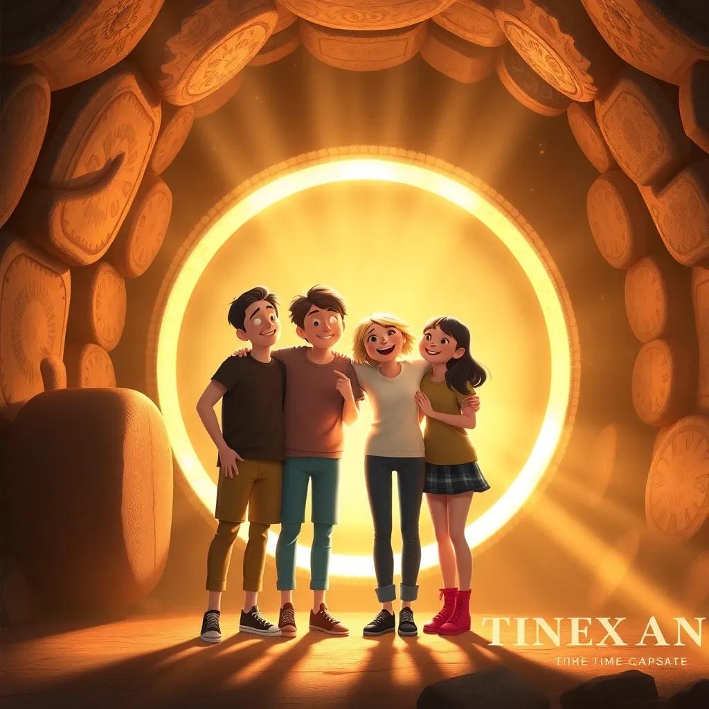 The time capsule glowing brightly with rays of light, friends standing together excited and happy, soft golden light surrounding them, whimsical and magical atmosphere