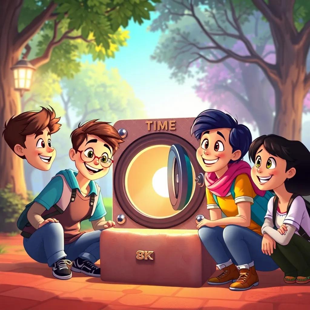 The friends looking at the time capsule in the park, bright smiles on their faces, having fun and celebrating their adventure, vibrant colors, warm and inviting scene