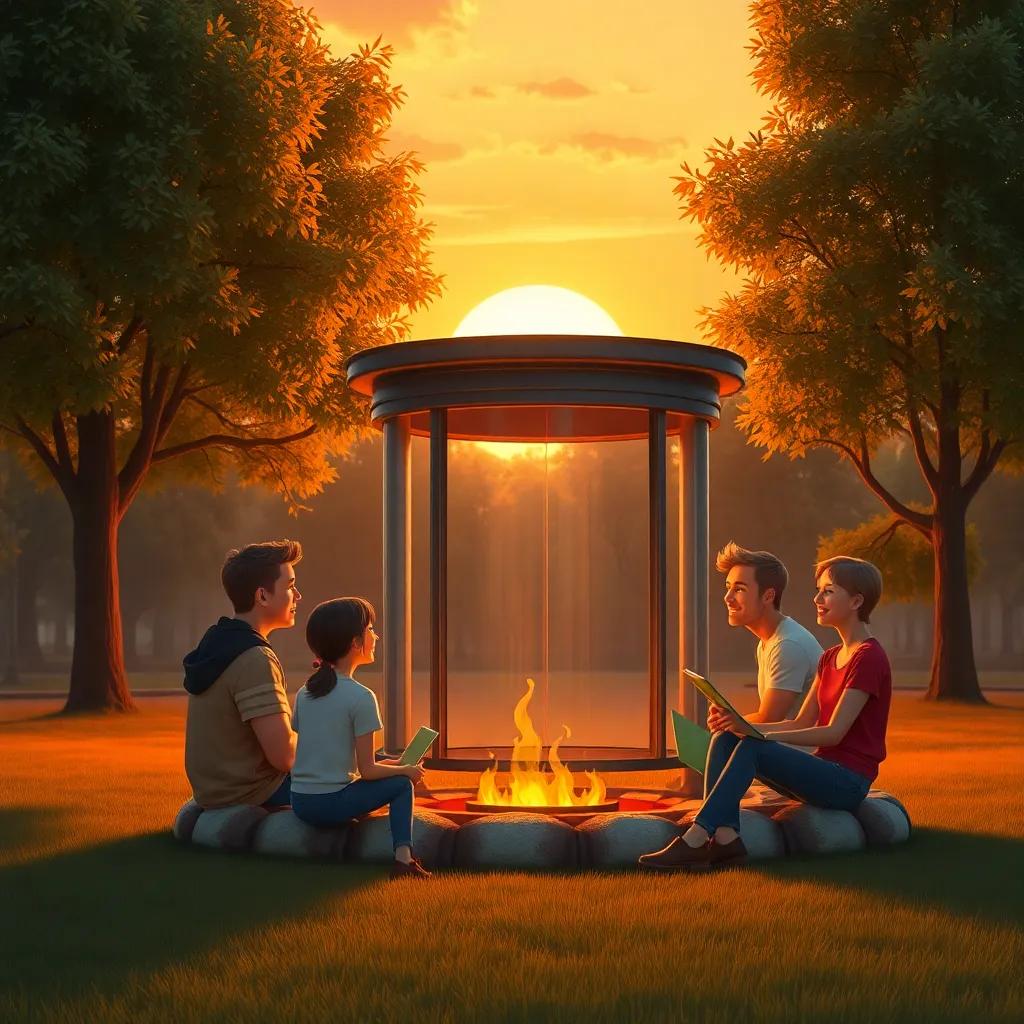 A beautiful sunset in the park, friends sitting around the time capsule, sharing stories and laughing, soft golden and orange hues in the sky, heartwarming scene