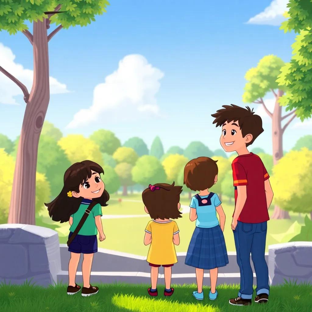 Mia, Leo, Ava, and Sam looking out happily from their park, excitement for more adventures ahead, strong friendships and memories, cheerful color palette, uplifting