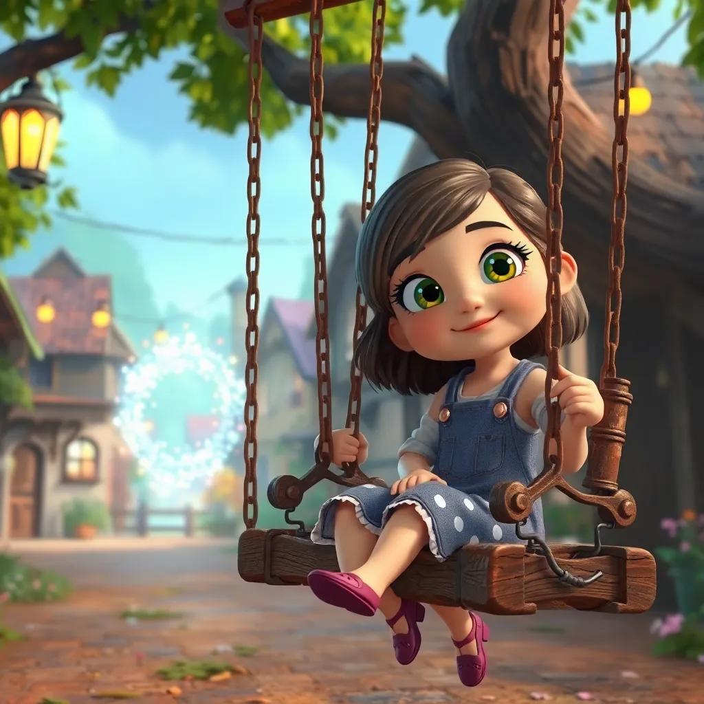 A curious girl named Lily, around 9 years old, sitting on an old wooden swing in a quiet town, with a sparkling portal shimmering nearby, whimsical atmosphere, cheerful colors, charming perspective, high quality