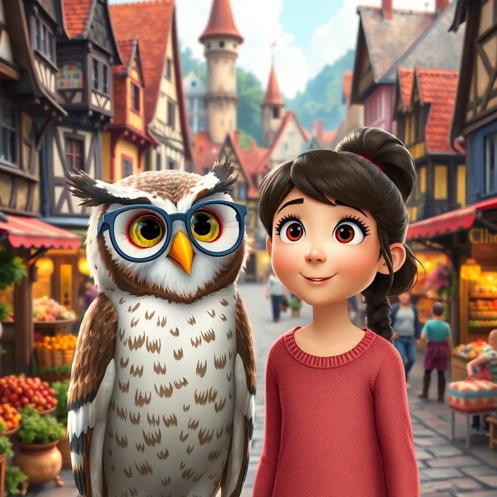 Lily, a 9-year-old girl, and a friendly owl wearing glasses, standing in a medieval village with colorful houses and a bustling market, amazed expressions, vibrant colors, lively scene, storytelling view, detailed illustration