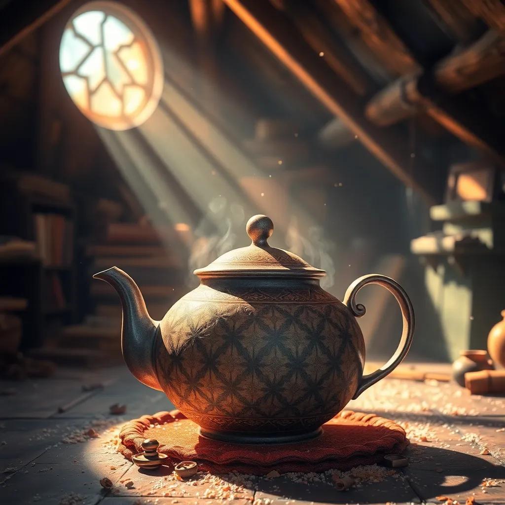 A dusty, beautiful teapot with intricate patterns sitting in an attic with sunlight streaming in, illuminating dust particles in the air, inviting and mysterious, digital art, vibrant colors, warm atmosphere, high quality