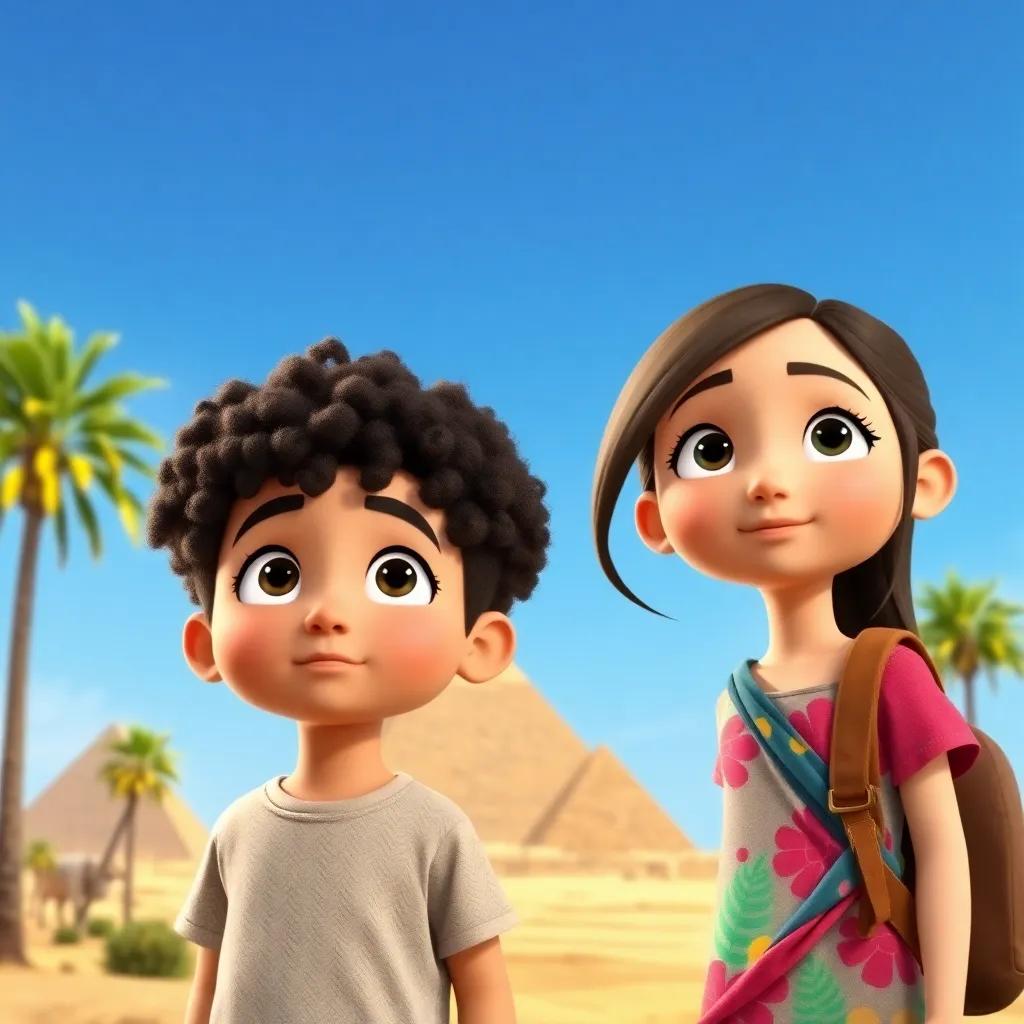 Two children, a boy of mixed ethnicity with short curly hair and a girl with long straight hair wearing colorful clothes, amazed in front of the great pyramids of Egypt, with palm trees and blue sky, child-friendly, adventure-themed, warm light
