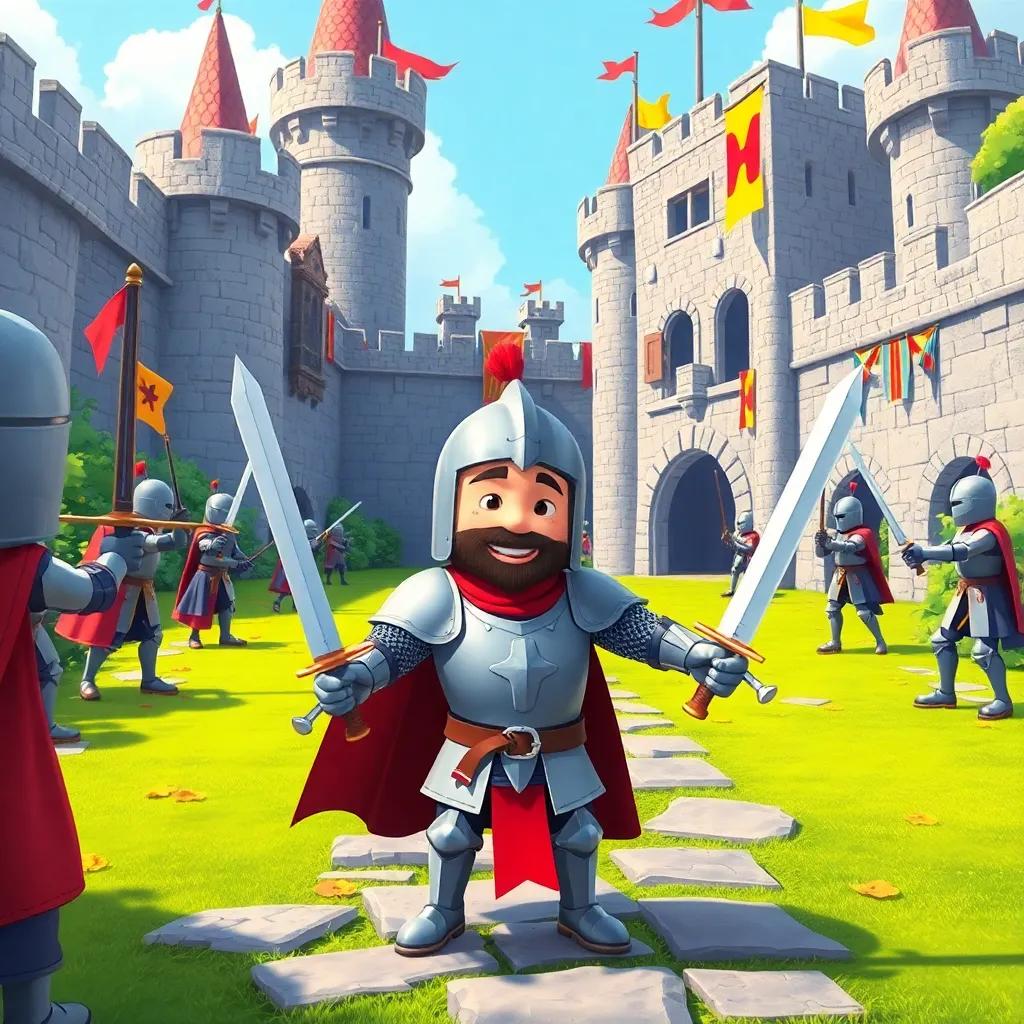 A medieval castle scene with knights practicing swords, including a kind knight wearing armor and a friendly expression, lush green grounds and colorful flags, illustration, bright colors, lively atmosphere, child-friendly