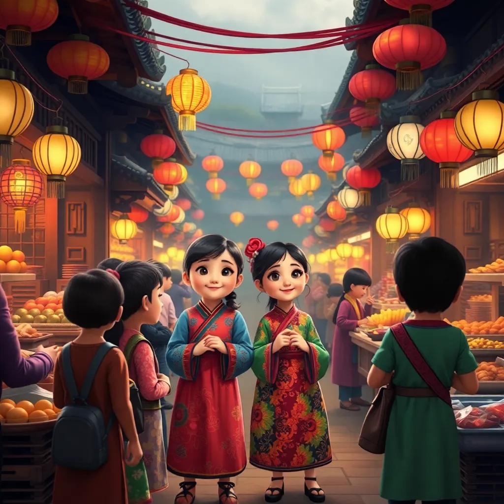 An ancient Chinese marketplace bustling with life, children talking with a girl named Mei, wearing traditional colorful dress, surrounded by stalls with food, beautiful lanterns, digital painting, rich colors, festive atmosphere