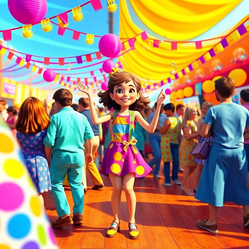 A vibrant 1960s festival with people dancing, a girl named Lily in colorful clothes showing dance moves, music notes and colorful decorations around, joyful atmosphere, digital art, bright colors, high energy