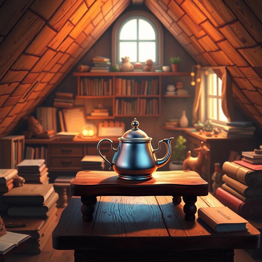 A cozy attic with a shiny teapot sitting on a wooden table, surrounded by old books and toys, soft warm light filtering through a window, inviting and nostalgic, digital painting, warm colors, heartwarming