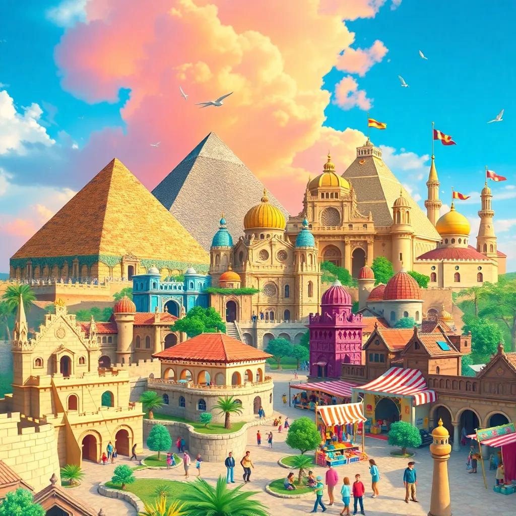 A view of different historical places like pyramids, castles, and market scenes blending together in a magical way, representing the children's adventures, colorful collage, vibrant and engaging, artistic