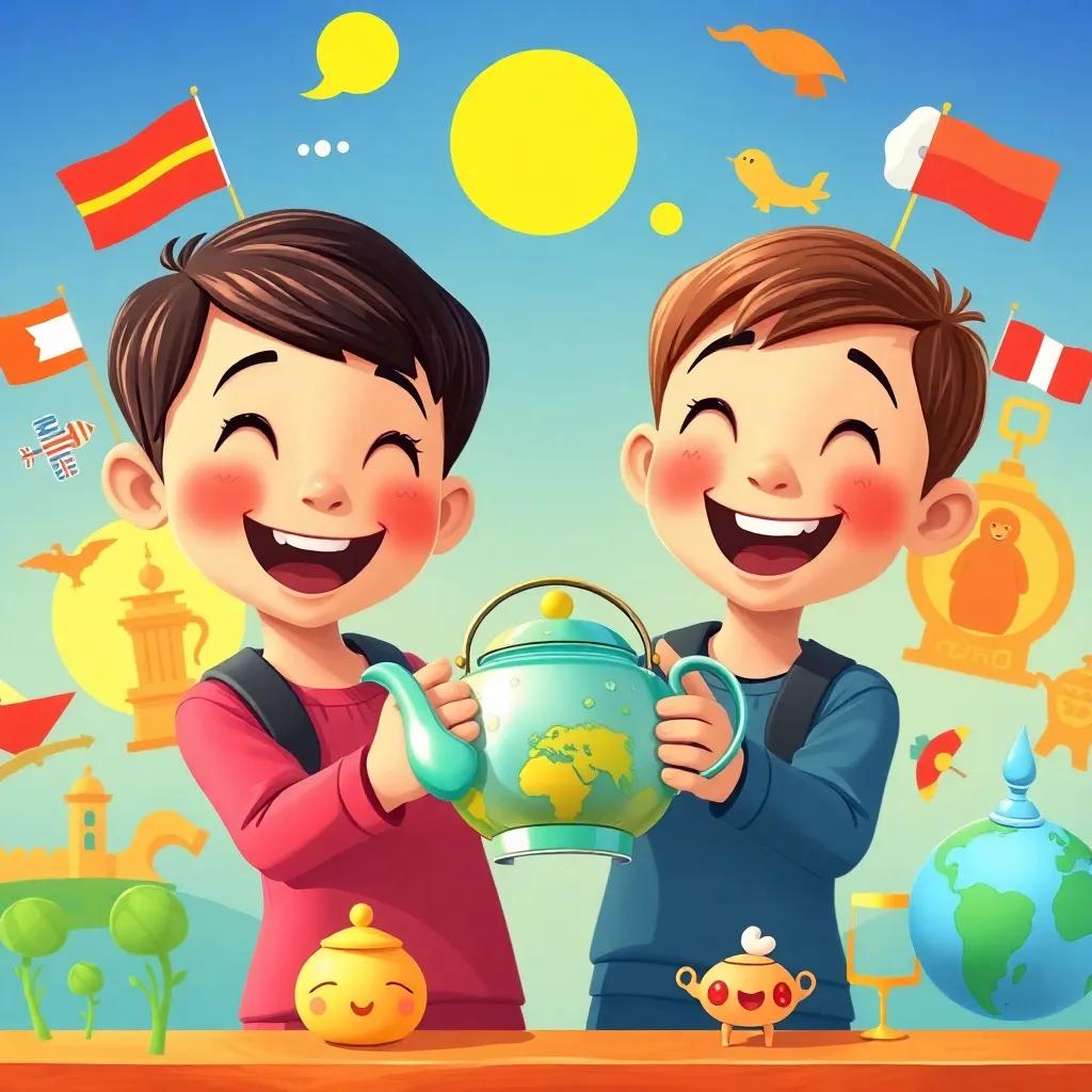 A joyful scene with the two children holding the teapot, their faces filled with excitement, surrounded by symbols of different cultures they visited, colorful and fun, bright colors, lively atmosphere