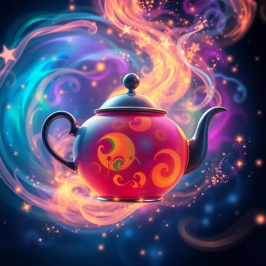 An imaginative representation of the teapot being surrounded by swirling colors, hinting at its magical ability to travel through time, vibrant patterns and sparks, digital art, colorful and enchanting