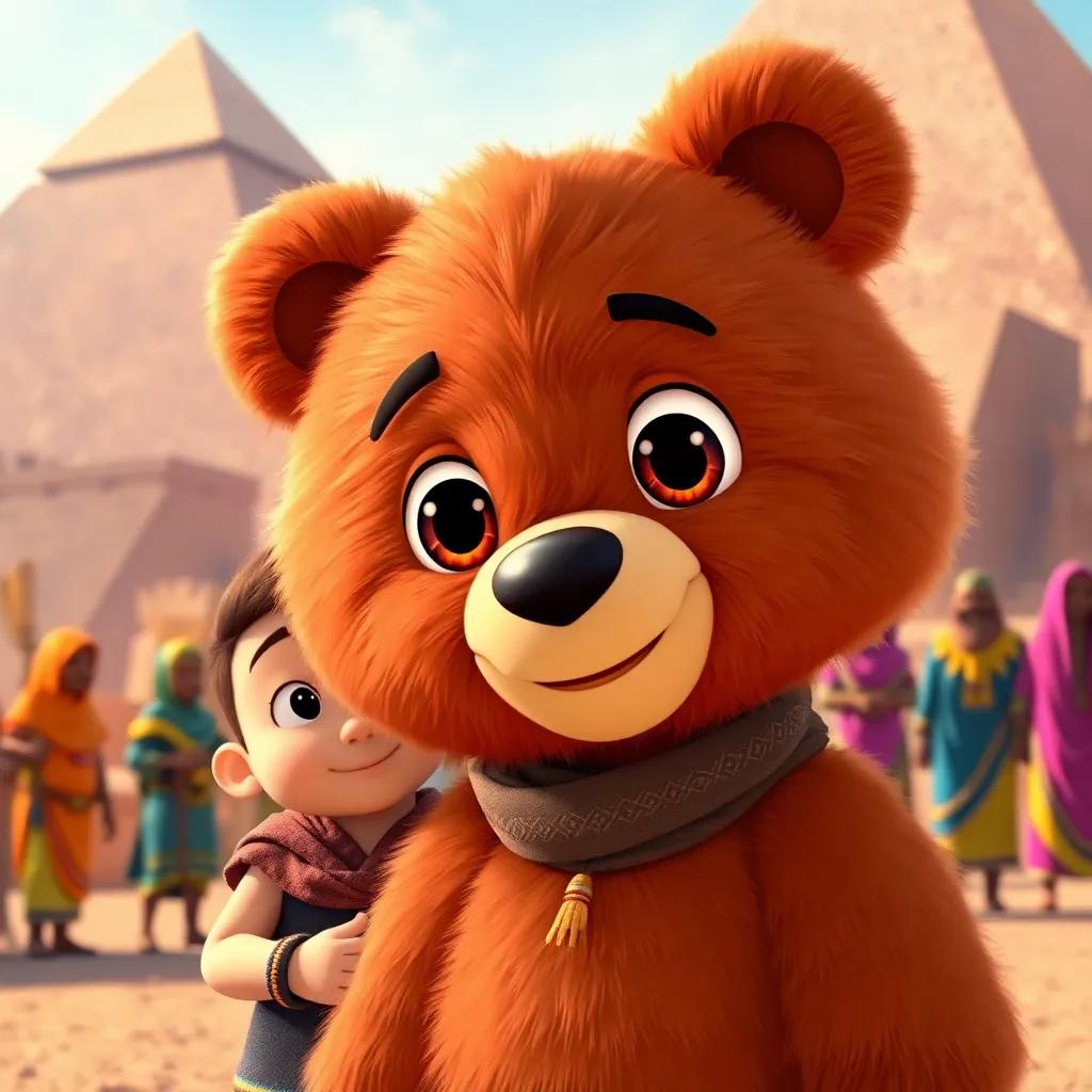 Sir Snuggles, a fluffy brown teddy bear with big glassy eyes, animated and smiling, alongside Timmy in ancient Egypt, with tall pyramids and colorful-robed people in the background, magical moment, detailed, bright colors, high quality