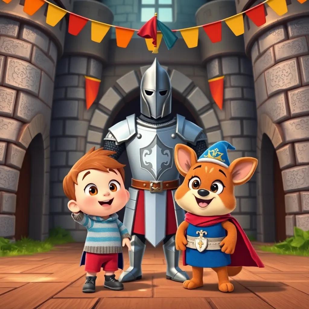 Timmy and Sir Snuggles standing in front of a brave knight in shining armor in a medieval castle, excited expressions, colorful banners and stone walls, cheerful atmosphere, detailed illustration, enchanting scene