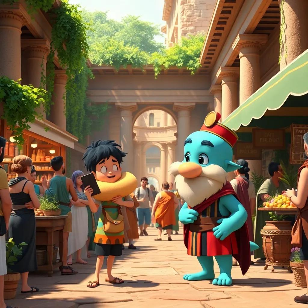 Timmy and Sir Snuggles in an ancient Greek market, surrounded by people discussing and sharing ideas, vibrant, lively scene with stalls and greenery, Timmy amazed, bright colors, high quality