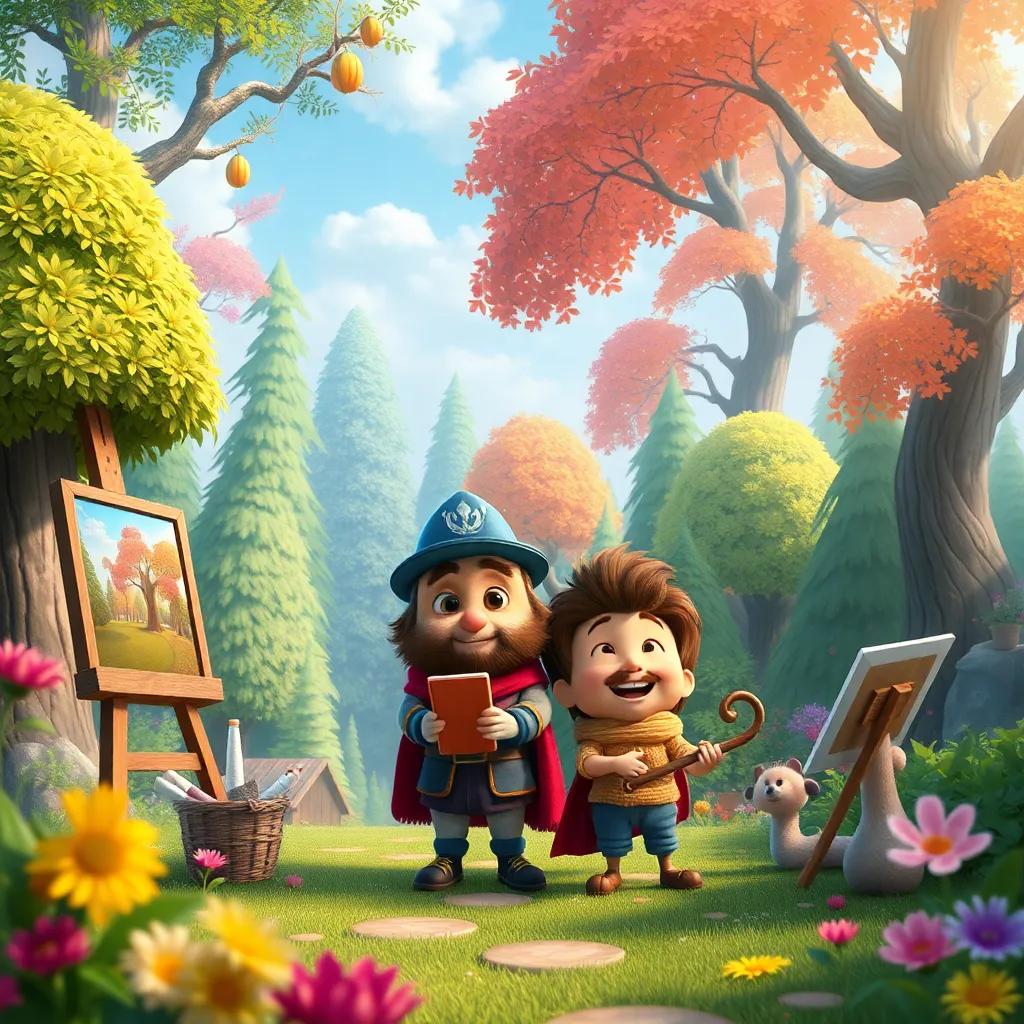 Sir Snuggles and Timmy in a magical Renaissance forest, with artists painting and scientists discovering, creative atmosphere, colorful trees and flowers, cheerful mood, detailed digital art, high quality