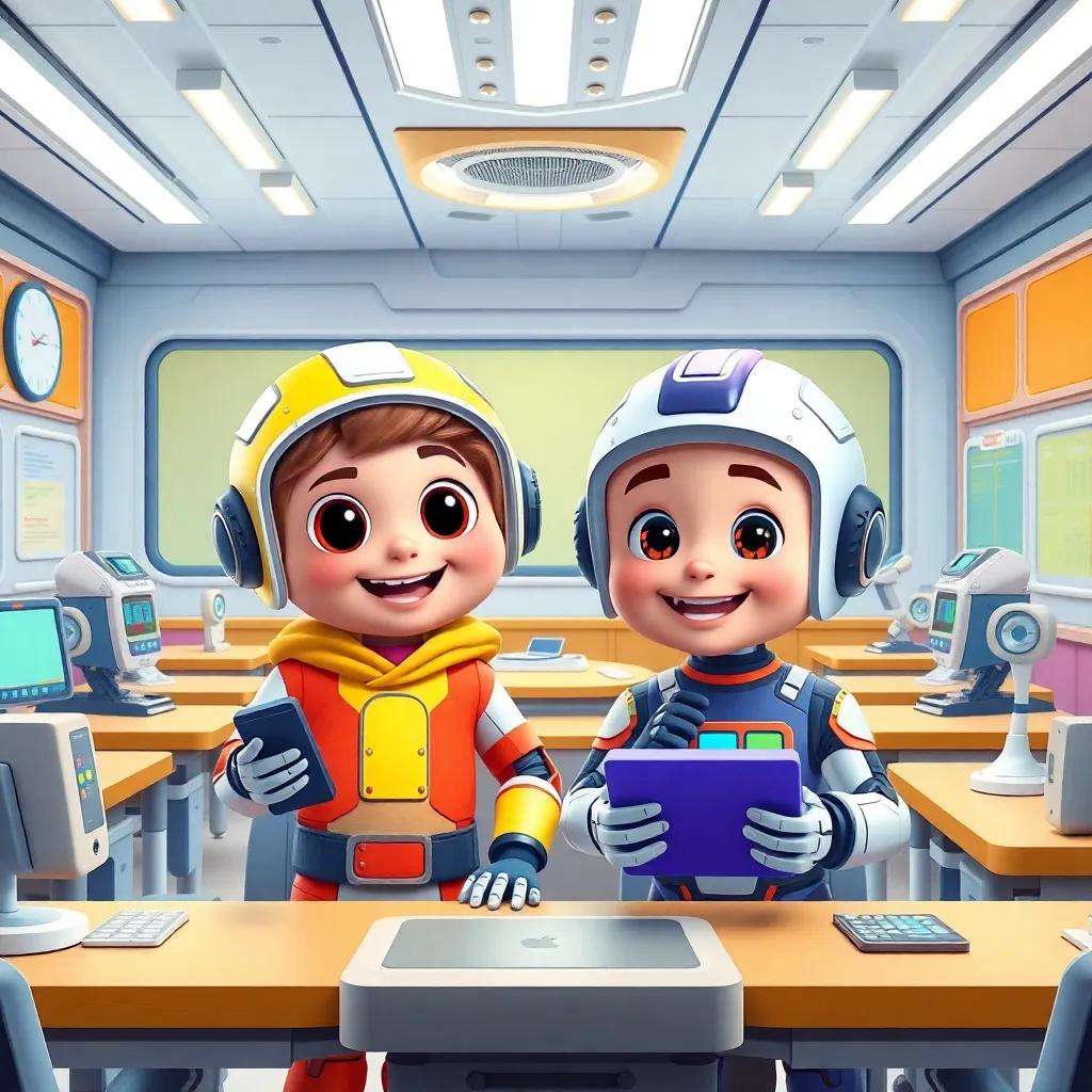 Timmy and Sir Snuggles in a futuristic classroom with friendly robots, kids learning happily with technology, bright high-tech elements and smiling faces, modern and welcoming, vibrant colors