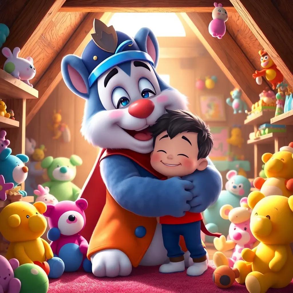 Sir Snuggles hugging Timmy in the attic, surrounded by colorful toys and sunlight, heartwarming moment, warm light, joyful colors, friendly and inviting, high quality