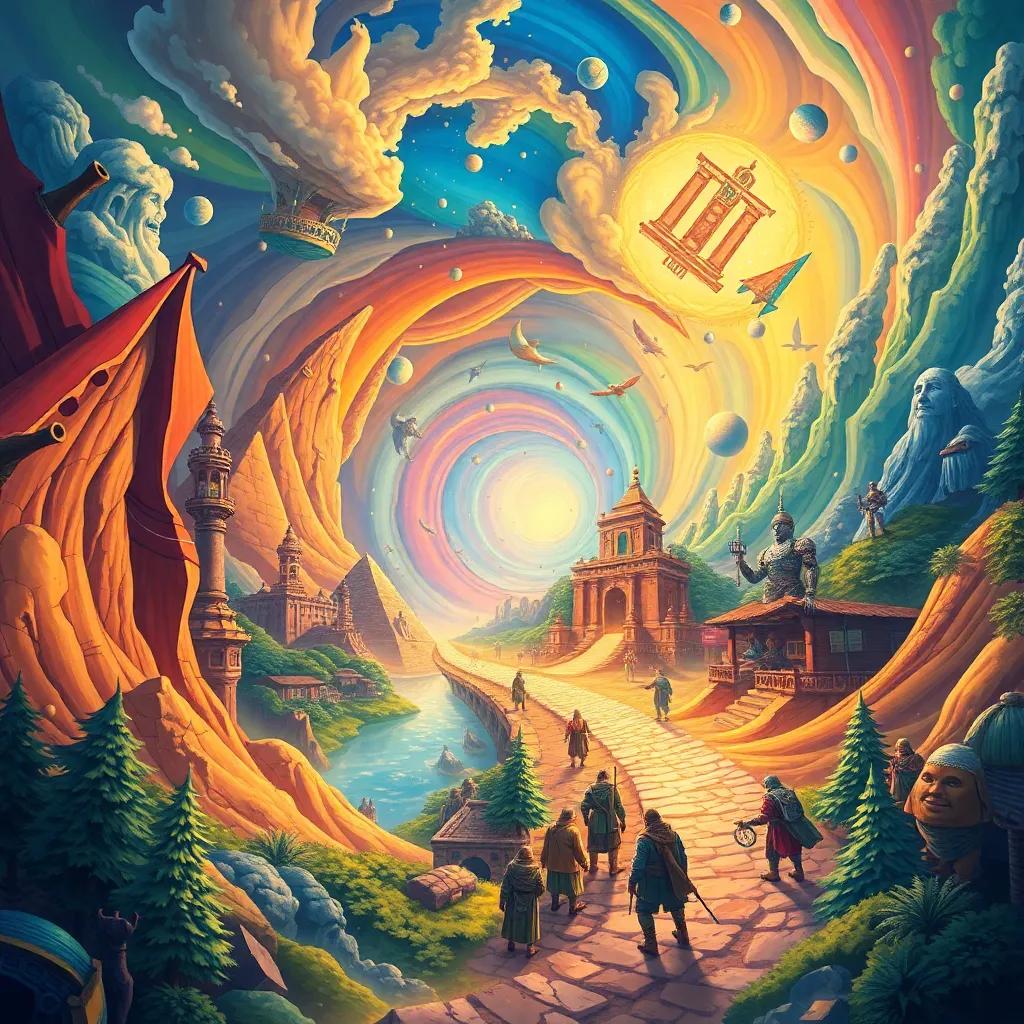The time traveling journey illustrated as a swirling vortex of colors, showing key moments: pyramids, castles, markets, forests, and robots, magical themes and vibrant imagery, high quality, dynamic