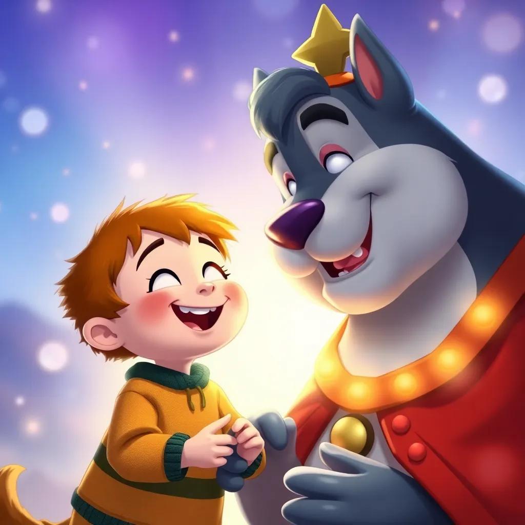 Timmy smiling at Sir Snuggles, both filled with excitement and joy, surrounded by a soft light of friendship, magical and warm atmosphere, detailed, colorful illustration