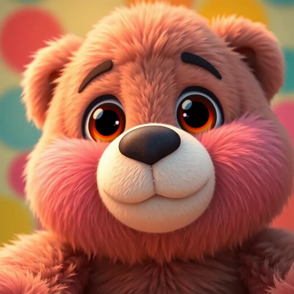 Close up of Sir Snuggles, the fluffy teddy bear with big glassy eyes, radiating warmth and kindness, colorful and inviting background, child-friendly design, high quality