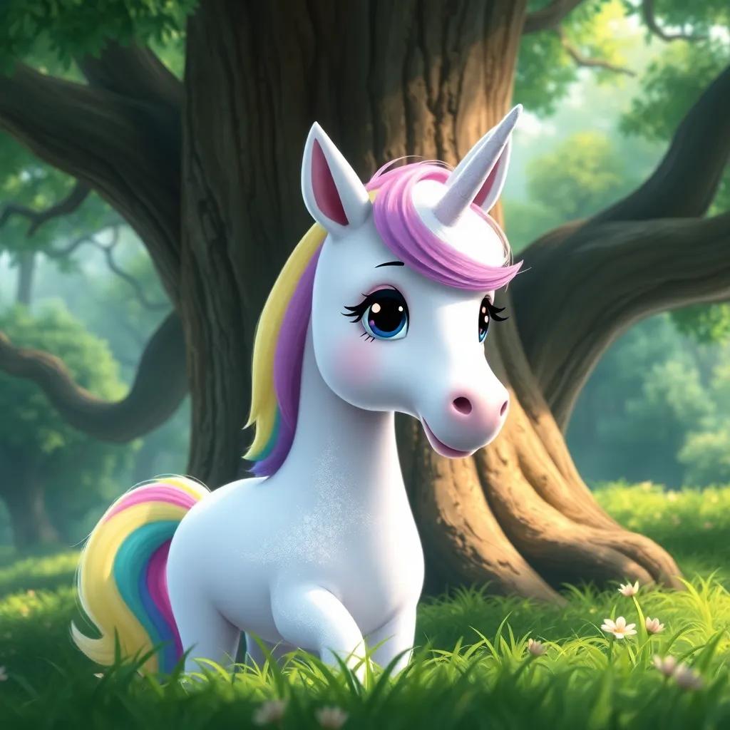 A shy unicorn named Bella, with a shimmering white coat and a rainbow mane, peeking from behind a big oak tree in a lush green forest, digital art, soft colors, enchanting atmosphere, high quality